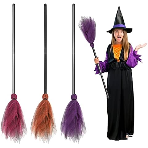 3 Pieces Halloween Witch Broom Plastic Witch Broomstick Kids Broom Props Witch Broom Cosplay Party Decoration for Halloween Costume Decoration Cosplay Favors, 3 Colors (Pink, Purple, Orange) Cover