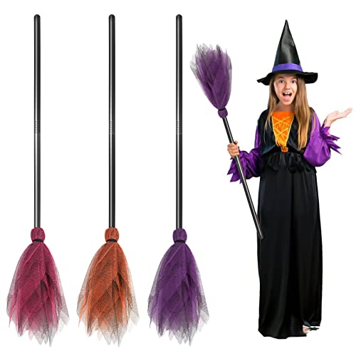 Vassoura de bruxa de Halloween, 3 peças para crianças, acessórios de fantasia de bruxa para cosplay, vara de vassoura de plástico realista para decoração de festa de Halloween