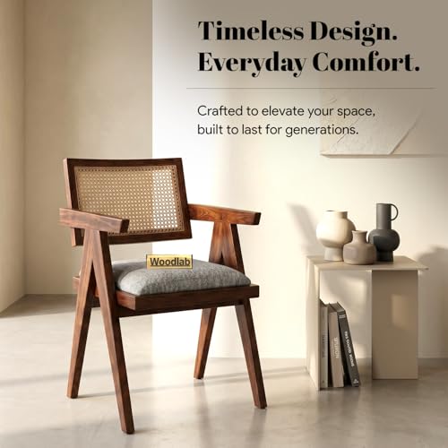 Image of WOODLAB Furniture Solid Sheesham Wood Arm Chair with Cushion and Cane Back Support | Wooden Upholstered Armchair for Living Room, Bedroom, Dining, Balcony, Study & Indoor Outdoor Use (Natural Finish)