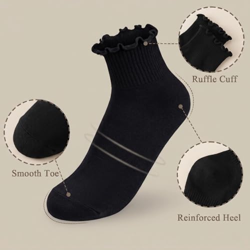 Image of BIVOLU Womens Ankle Socks Ruffle Cotton Cute Frilly Trim Breathable Ankle Ruffled Socks 6 Pack