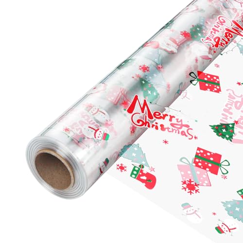 Image of JOYIT 100' Long X 17.5 inch Wide Christmas Cellophane Wrap Roll - 3 Mil Thicker Cellophane Roll, Crystal Clear Merry Christmas Cellophane for Gift Baskets, Flower Arts Crafts Food Treats Wrapping