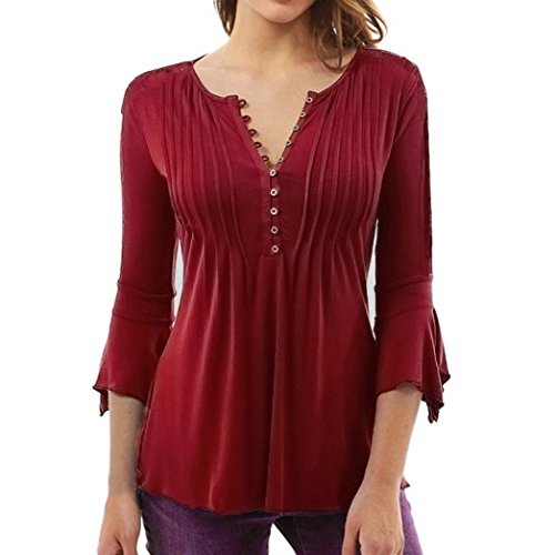 UMIPUBO Camicette delle Donna Magliette con Scollo a V Slim Fit Casual Bottone Camicia Manica 3 4 T-Shirt Tops Blusa (S, Rosso)