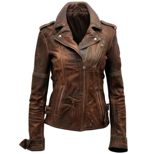 Women's Distressed Brown Sheepskin Leather Jacket - Warm Winter Rider Zip-Up, Lapel Collar, Vintage Scooter Style