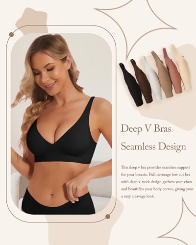Image of Deep V Bra Low Cut Sexy Push Up Bralettes for Women Padded Comfy Smoothing Wireless Lifting Bras Seamless Bralette