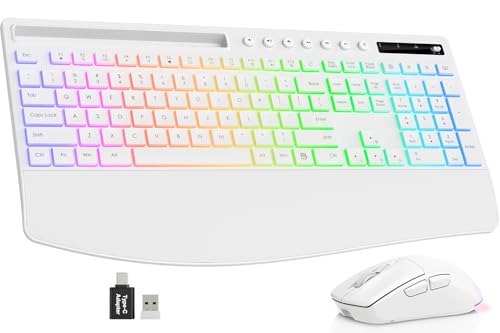 Image of Trueque Wireless Keyboard and Mouse Combo, 4000mAh Rechargeable Backlit Keyboard with Wrist Rest & Phone Holder, Full Size Quiet Typing 2.4G USB-A /Type-C for PC Laptop Windows Mac (White)