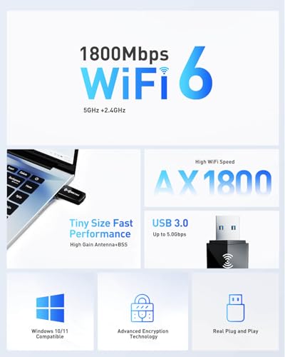 Nineplus Usb Wifi Adapter For Desktop Pc - Ax1800 Wifi 6 Adapter 5Ghz 2.4Ghz Usb 3.0 Wifi Adapter Wireless Network Adapter For Desktop Computer Laptop Wifi Dongle Wifi Antenna For Win11/10 Wireless Adapter thumb #1