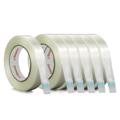 Image of Filament Strapping Tape (1 /2 inch x 60 yds, Pack of 6) Transparent 5.5mil Reinforced Fiberglass Tape - Synthetic PET Adhesive Heavy Duty