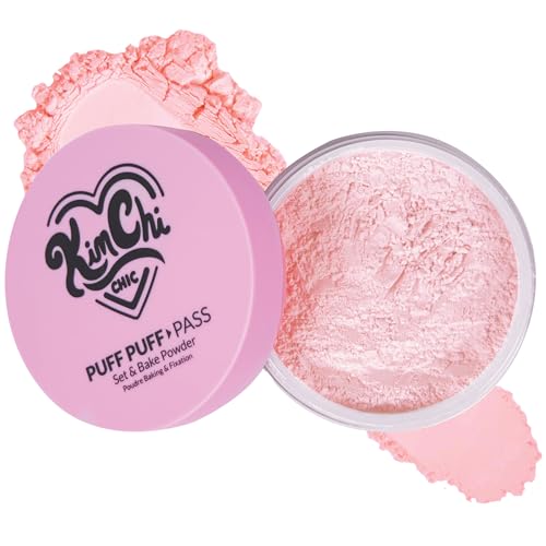 KimChiChic Beauty Puff Puff Pass Set and Bake Setting Powder for Makeup, Extra Fluffy Loose Face Powder Poof, Soft Natural Face Makeup for Uneven Skin Tone, 09 Pink