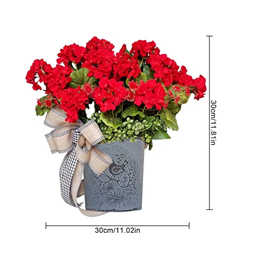Msuiint Red Geranium Bucket Wreath For Front Door, Artificial Spring Summer Wreath With Burlap Bow, Versatile Decor Farmhouse Colorful Cottage Garland With Lattice Bow For Wall Home Decor, 11.8X11In #TOP4