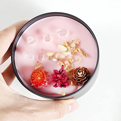 Soulnioi Chakra Scented Candle with Dried Flower&Crystal, Portable Tin Candle Soy Candle(Freesia), Crystal Stone Pendant Necklace Irregular Gold Edge Rose Quartz, Candle Gift Set for Women
