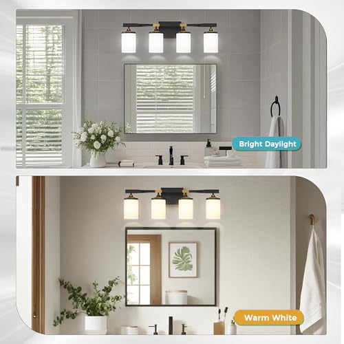 Image of DORESshop Bathroom Light Fixtures, 4-Light Black and Gold & Milky White Bathroom Lighting Fixtures Over Mirror with Milk Glass Shade, Modern Vanity Lights for Hallway Bedroom