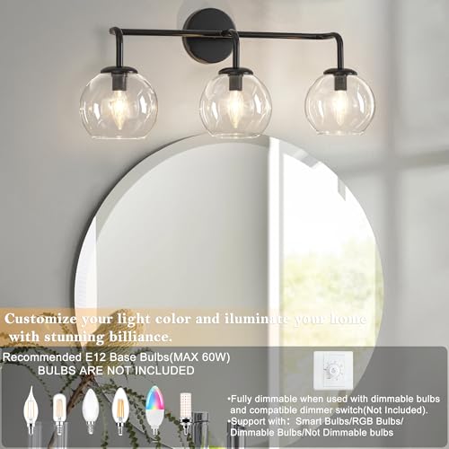 Image of Industrial Vanity Light Fixture, 3-Light Matte Black Farmhouse Globe Glass Bathroom Wall Sconce Lighting, E12 Base
