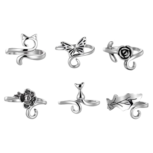 TIESOME 6 Stück Verstellbare Häkelringe Finger Metall Katze Häkelzubehör Vintage Crochet Rings für Strick- und Häkelarbeiten (Silber Schwarz Rosa)
