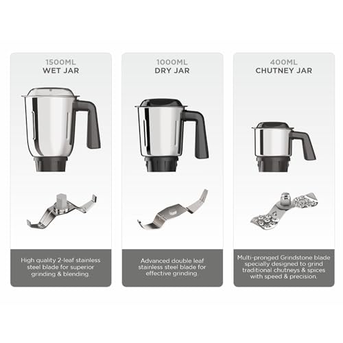 Image of Milton Artis Mixer Grinder, ISI Certified, Grindstone Blade Technology, 3 Jar, 800 W (21000 RPM), 5 yr motor warranty, 2 yr product warranty I Wine
