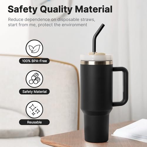 Image of Metal Straw for 40 oz Stanley Cup, Reusable Stainless Steel Straws with Silicone Tip for Simple Modern, Meoky 40oz Tumbler, 12 inch Extra Long Straws, Cleaning Brush, 1 Portable Bag