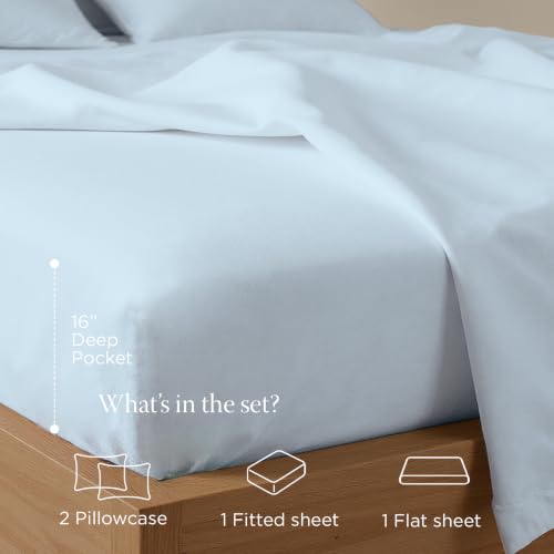 Image of Threadmill 300TC Cotton King Sheet Set, Sateen, Solid, Light Blue, 4-Piece | 100% Cotton, Sateen Weave, 4-Piece Set, Cooling, Breathable, All-Season, Lightweight, OEKO-TEX Certified, Machine Washable