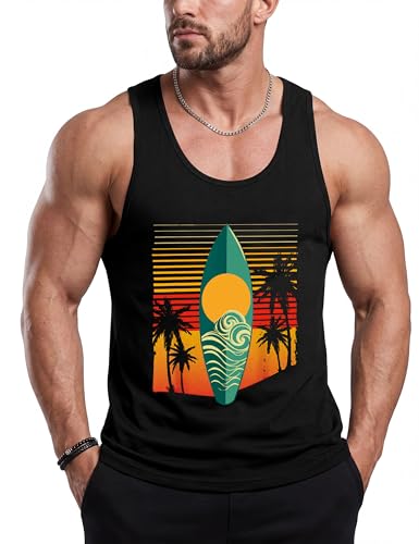 Tanihanp Mens Beach Tank Tops Graphic Muscle Hawaii Tropical Summer Beach Black Mens Sleeveless Tee...