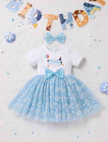 IBTOM CASTLE Baby Girl 1st 2nd Birthday Outfit Blue Dog Sequin Bow Floral Tutu Birthday Dress for Cake Smash Photoshoot3