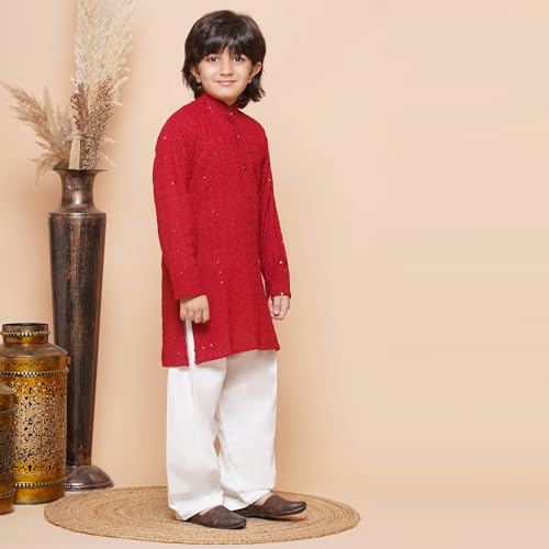 Image of AJ DEZINES Kids Cotton Full Sleeve Sequined Chikankari Red Kurta Pajama Set for Boys - Ethnic wear | Special Occasion & Party Outfit | Mandarin Collar Kurta for boys - Regular Fit