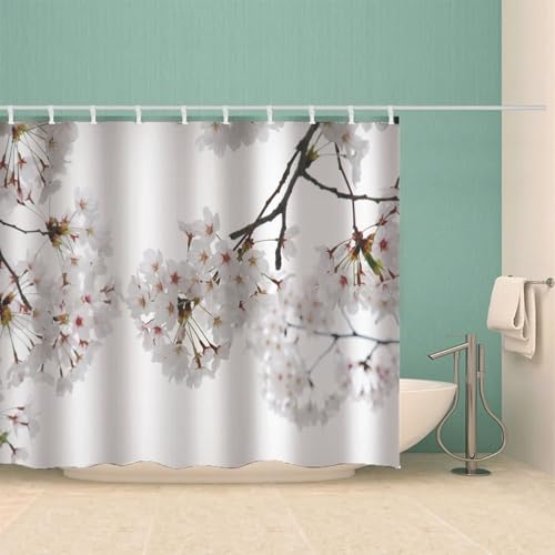 Rideau de douche blanc motif fleurs de prunier en polyester lavable - 4