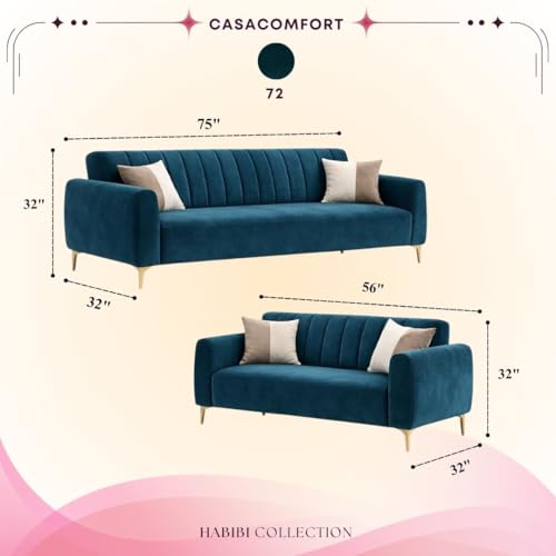 Image of Habibi Rich Velvet Suede 3+2 Seater Sofa Set | Spacious Soft Touch Comfort Seating | 5 Person Seating | Modern Living Room Sofa Set (Green Teal)