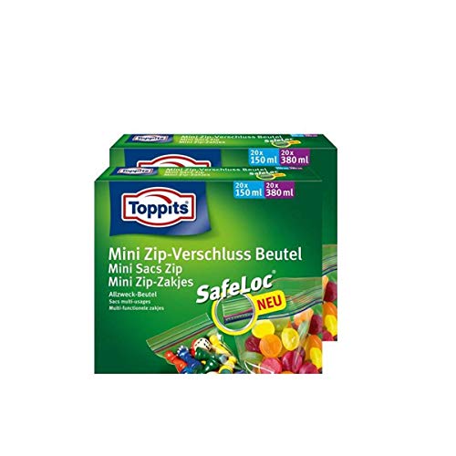 Toppits - Bolsa de cierre zip (pequeñas, 20 unidades de 150 ml y 20 unidades de 380 ml, con cierre Safeloc, 2 paquetes)