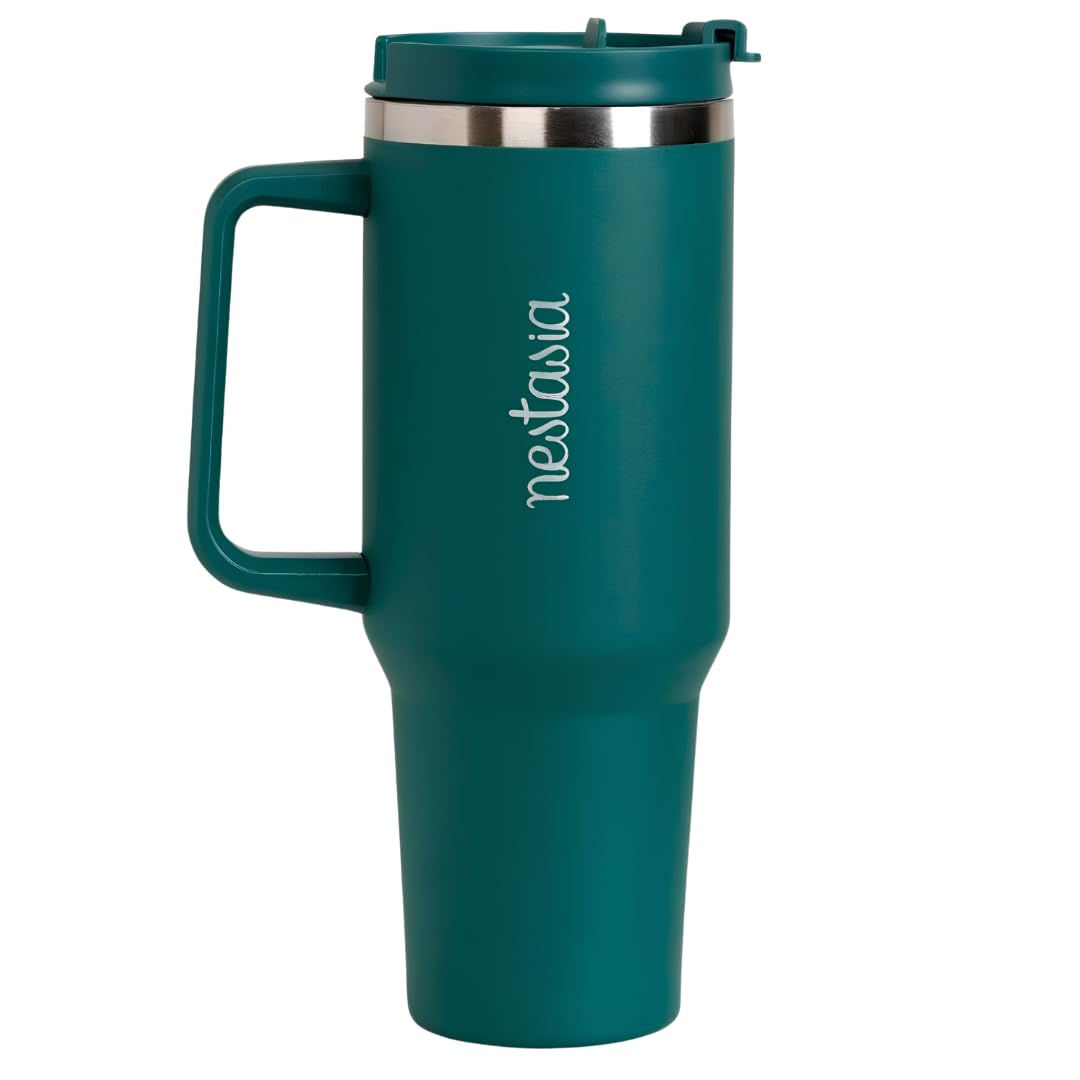 Nestasia GripSip40 Tumbler with Straw & Side Handle 1.2L | Insulated Stainless Steel Sipper Water Bottle for Adults with Dual Flip Opening Sip-Swig Leakproof Lid for Office & Gym (Emerald Isle)