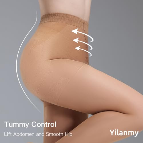 Image of Yilanmy 2 Pairs Tummy Control Pantyhose for Women 40D Sheer Shaping Tights | Control Top Pantyhose Sheer Nylon Stockings High Waist Stretchy Comfort Slim for Daily Wear