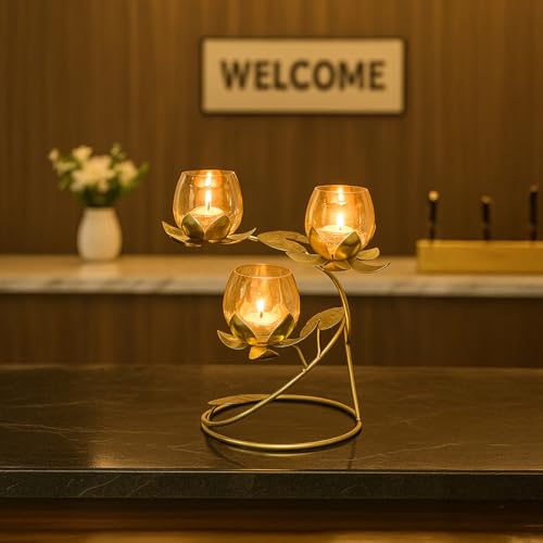 Image of MARKET 99 Metal & Glass 3 Votive T-Light Holder Lotus Shape | Golden Decorative Candle Holder for Diwali, Christmas, Birthday & Wedding | Elegant Home & Living Room Decor for Festive Celebrations