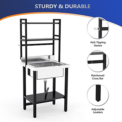 Image of VINGLI 67 inchH Commercial Sink 304 Stainless Steel Sink with Adjustable Shelves and Hanging Rod with Hooks, Freestanding Utility Sink for Restaurant Kitchen Laundry Room Garage, Bowl Size 21 inchWx16 inchDx9 inchH