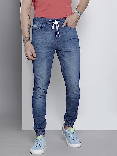 Image of The Indian Garage Co Men Slim Fit Solid Mid-Rise Stretchable Denim Joggers