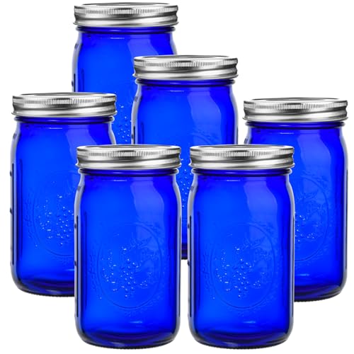 eleganttime Blue Mason Jars Wide Mouth,6 Pack Cobalt Blue Colored Mason Jars 32 oz for Canning, Pickling, Storage, DIY Crafts & Décor