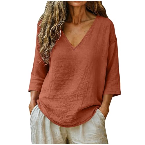 Camisas Mujer 2026 Manga 3/4 Algodón y Lino Verano Cuello en V Casual T-Shirt Camiseta de Mujer Casual Transpirables Suelto Fiesta Tops T-Shirt Oficina Negocios Camisa Lino Camisa