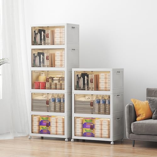 Image of UAMFURI Stackable Storage Bins with Lids, 384QT Lockable Storage Cabinet | Folding Storage Box with Doors and Wheels, Collapsible Plastic Drawers for Home, Garage, Office