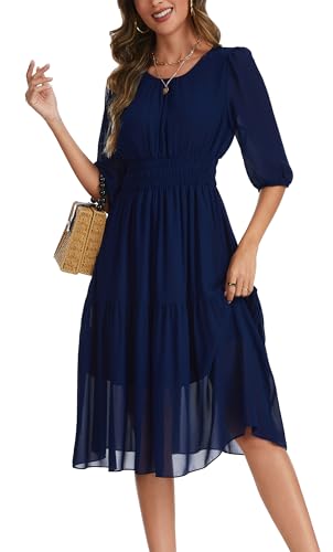 Image of Kormei Women Casual Boho Floral Round Neck 3 /4 Sleeve Smocked Waist Tiered A Line Flowy Swing Midi Dress Long Dresses