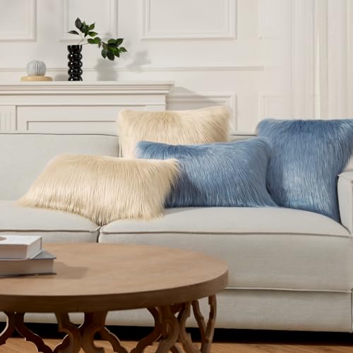 Image of Phantoscope Faux Fur Pillow Cover Decorative Fluffy Throw Pillow Mongolian Luxury Fuzzy Pillow Case Cushion Cover for Bedroom and Couch, Light Beige 18 x 18 Inches