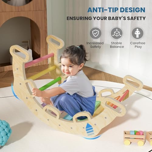 Image of Pikler Triangle Set, Foldable Baby Climbing Wooden Toys with Arch & Ramp & Ladder Climber Indoor Jungle Gyms Ideal for Toddlers Kids