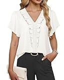Lotusmile Womens Dressy Ruffle Tops Summer Chiffon V Neck Work Blouse Casual Flutter Short Sleeve Shirts (White, XL)