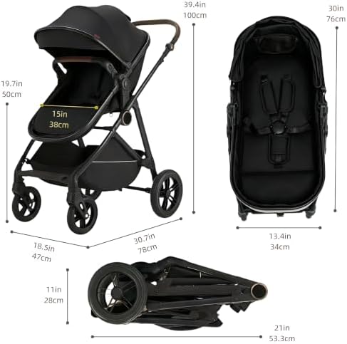 2 in 1 Baby Stroller,Foldable Infant Pushchair with Reversible Seat, High Landscape Toddler Pram for 0-36 Months Newborn with Adjustable Canopy,Storage Basket,Suspension Wheels (Black) — view 6