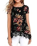 QIXING Women's Tops Short Sleeve Lace Trim O-Neck A Line Tunic Blouse FP Brown Black-X-Large