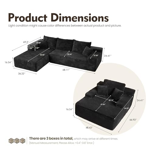 Image of HOOOWOOO Cloud Sectional Couches for Living Room,Modular Sectional Sofa No Assembly,Plush Corduroy Large Floor Couch Furniture Set with Deep Seat Left L Shape and Chaise Lounge(Black)