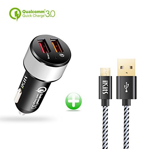 Quick Charge 3.0 Car Charger+4ft Micro USB Cable, IKITS 30W Dual USB Car Phone Charge Adapter QC3.0 for Galaxy S20+/S10/S9+/Edge, Moto G6, LG V34, 2.4A Smart USB for iPhone 11/XR/8,iPad Pro/Air/Mini