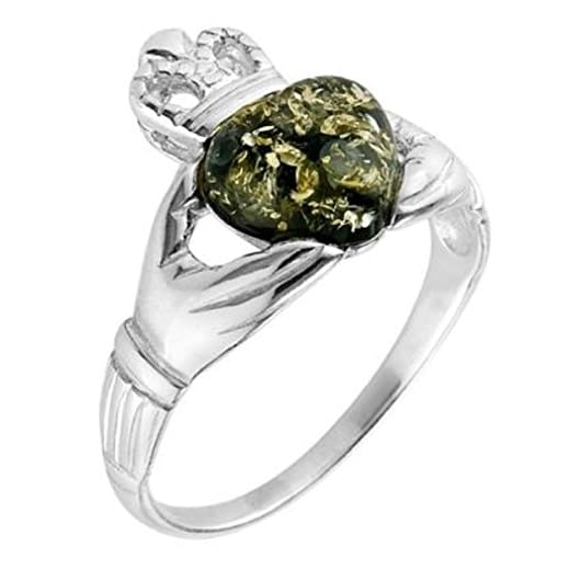 Anillo de Claddagh Corazón y Corona con Ámbar Verde de Plata de Ley