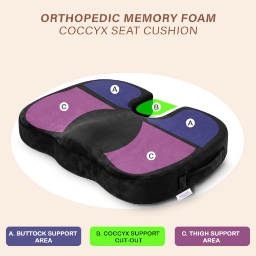 Image of Orthopaedic Memory Foam Coccyx Seat Cushion for Office /Home Chairs | (2 Year Warranty)-(18 inchx14 inchx3 inch) Tailbone & Sciatica Relief, Extra Support for Long Sitting,Non-Slip, Velvet Black