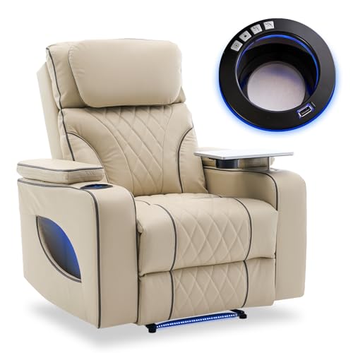 Zuacs Electric Power Recliner Chair for Home Theater Seating,Built-in Heating Massage & Cooling Cup Holder, Bule Color Ambient Light, Tray Table, USB Port, Adjustable Headrest, Beige