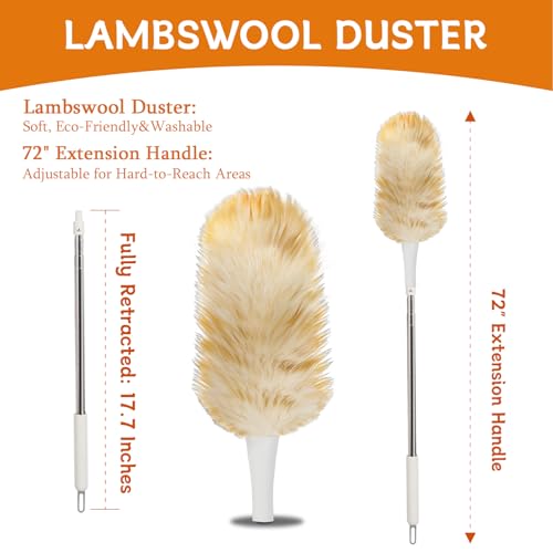 Image of Madrigal 72 inch Extendable Lambswool Feather Duster for Cleaning,Washable and Reusable Long Handle Handheld Feather Duster for High Places, Home,Office Cleaning
