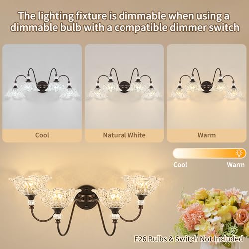 Image of Oil Rubbed Bronze Finish Bathroom Vanity Light, 4-Light Vintage Vanity Light with Floral Clear Glass Shades, Retro Wall Mount Lighting for Bathroom, Dressing Table
