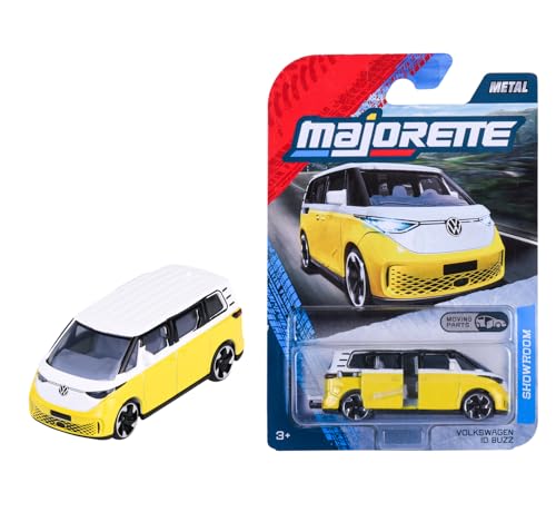 Majorette Premium Cars VW ID Buzz - Modellauto mit Freilauf, zu öffnende Teile, Federung, Sammelkarte, aus Metall, gelb-weiß, für Sammler und Kinder ab 3 Jahren, 7,5 cm