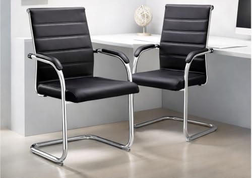 Image of TOBY Modern Visitor Chair Set of 2, Premium Faux Leather Office Guest Chairs with Armrests, Metal Sled Base, Padded Seat & Back, Conference Waiting Room Chairs (Black)