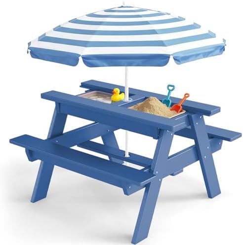 FOOWIN Kids 3-in-1 Sand & Water Table,HDPE Outdoor Convertible Picnic Table w/Detachable Tabletop, for Outdoor Backyard Patio Play Blue